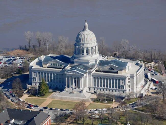 Aerial view of Missouri State Capitol Building in Jefferson City Missouri