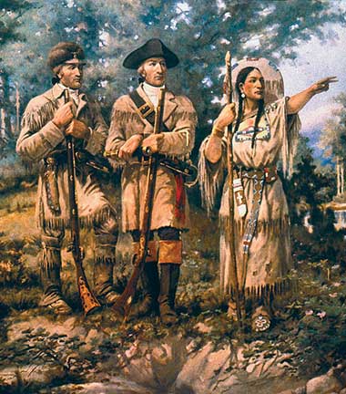 Painting of Lewis and Clark with Sacagawea leading them through the unsettled lands of Missouri