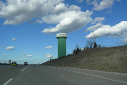 The water tower against a cloudy sky in Arnold Misouri