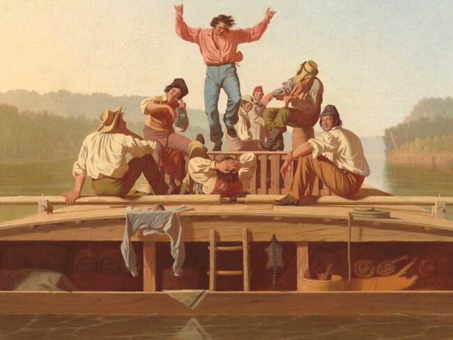 Painting done by local missouri artist George Caleb Bingham, features people on riverboat having a good time.