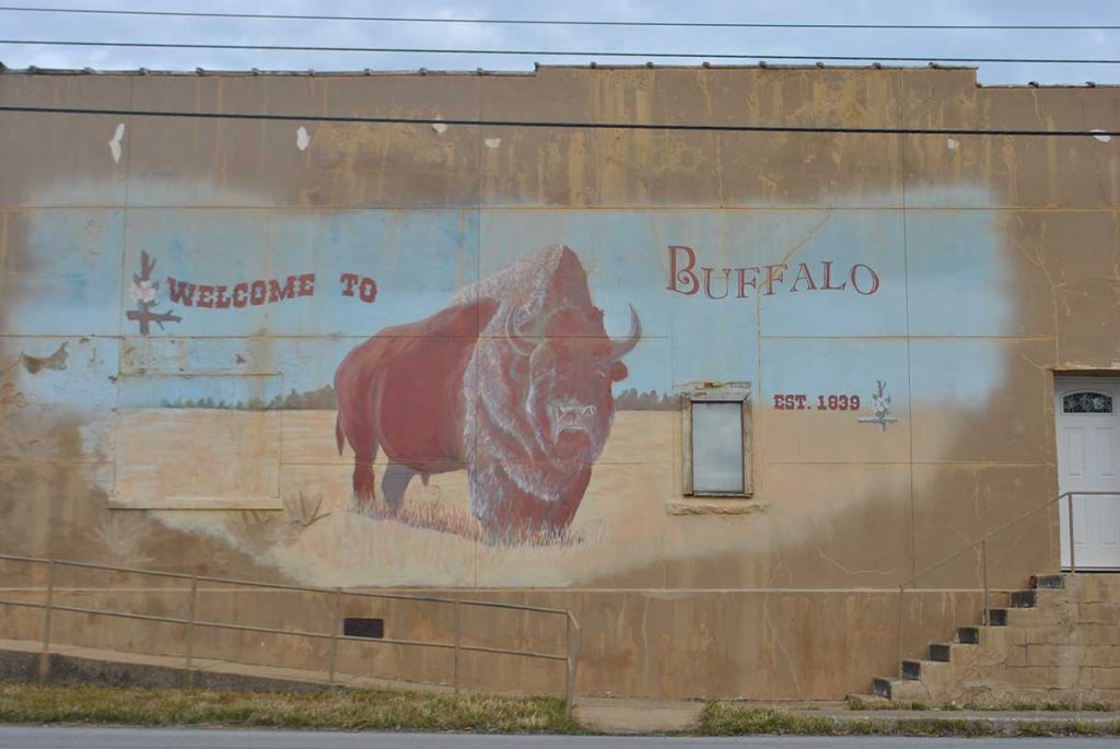 Mural of a buffalo on the south side of the square in downtown Buffalo, Missouri.