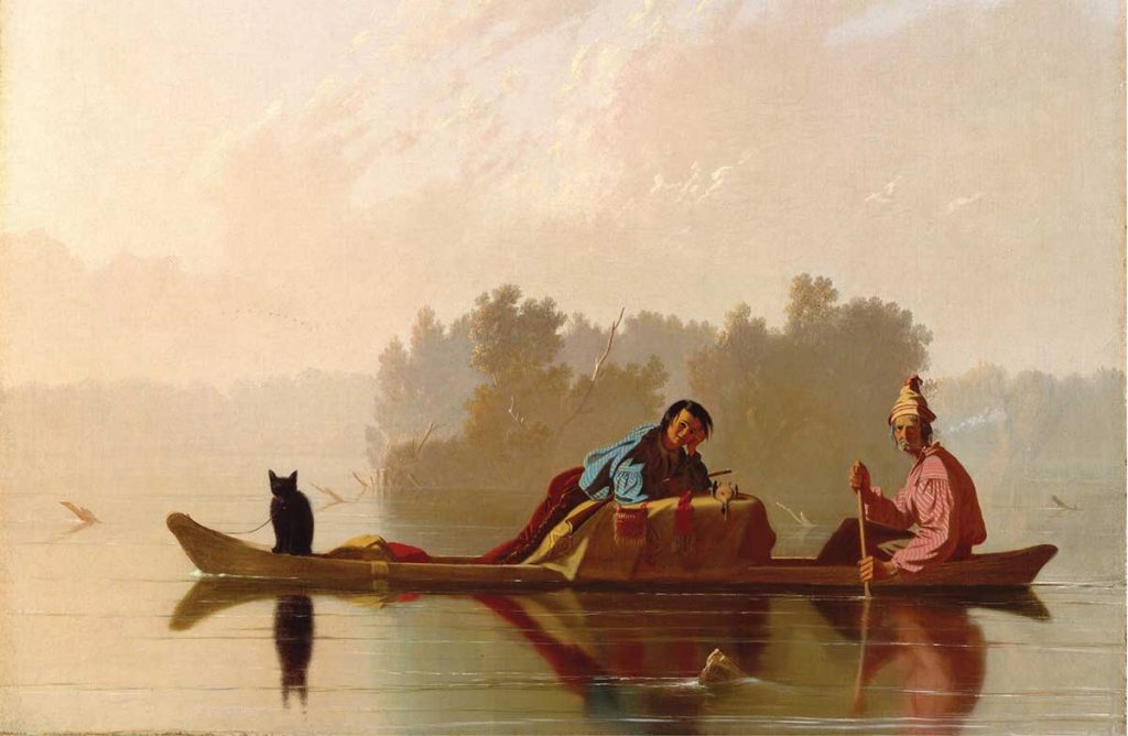 George Caleb Bingham's painting Fur Traders Descending the Missouri, 1845 captures two traders traversing the Missouri River with their cat.