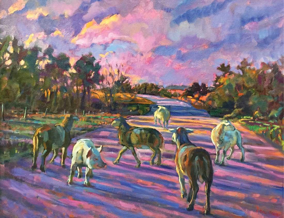 A colorful painting by Callaway County artist Jane Mudd, titled "Early Morning Breakout."