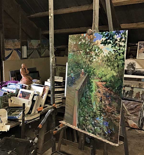 A painting on an easel in Jane Mudd's art studio in rural Callaway County.