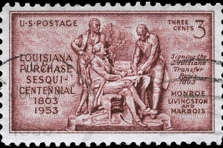 Old postage stamp that commemorates the signing of the Louisiana Purchase.