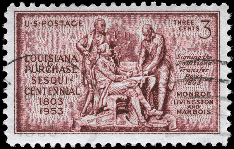 Old postage stamp that commemorates the signing of the Louisiana Purchase.