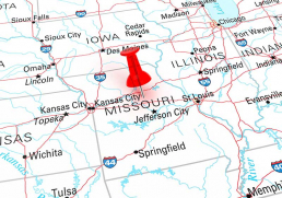 Map of Missouri with push pin in the middle of the state.