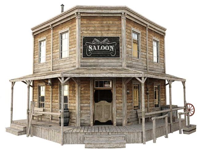 Front image of an old time saloon.