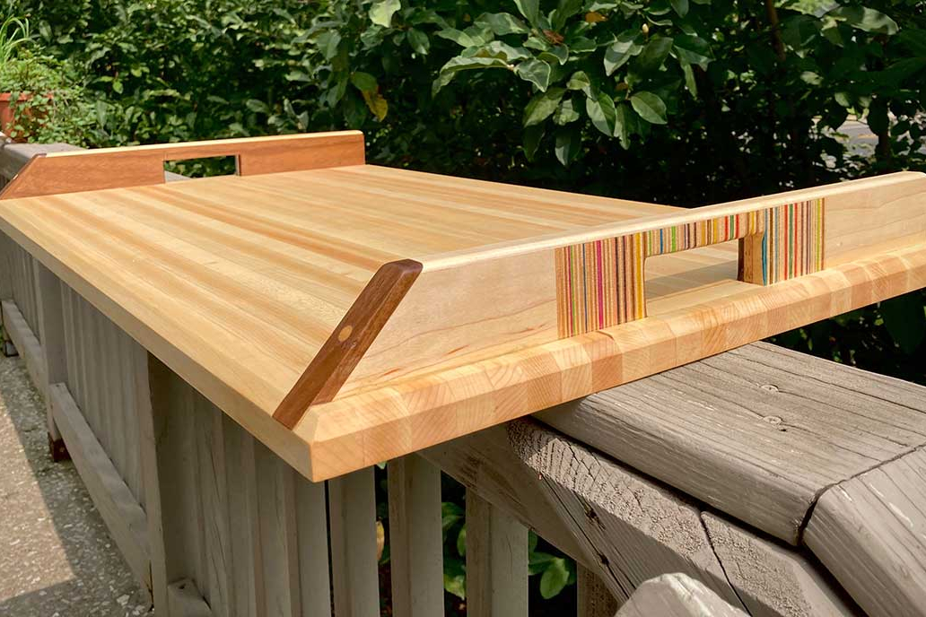 Serving tray made from recycled skateboards