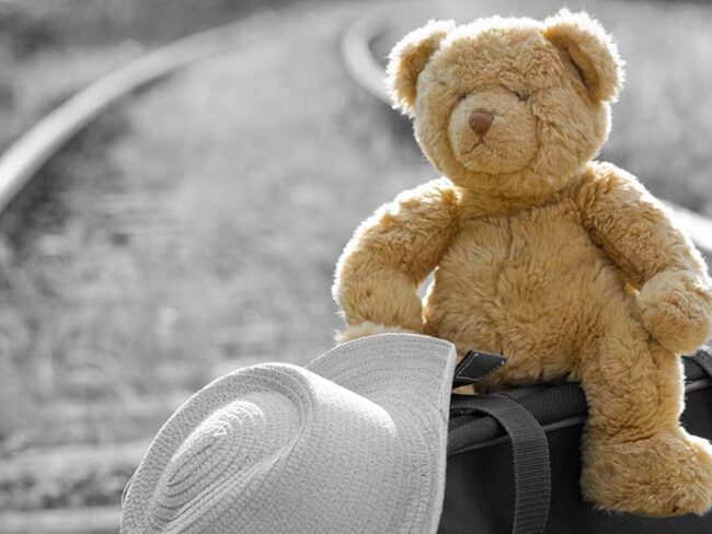 Teddy Bear and suitcase waiting for train.