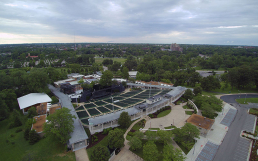 Aerial view of the Muny with an empty lot and seats