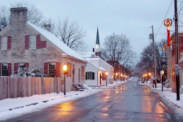 Downtown Main Street in Missouri town during the holidays and snowy season