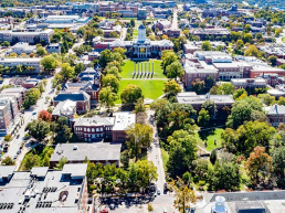 Downtown Columbia and Missouri University from aerial view on a sunny day