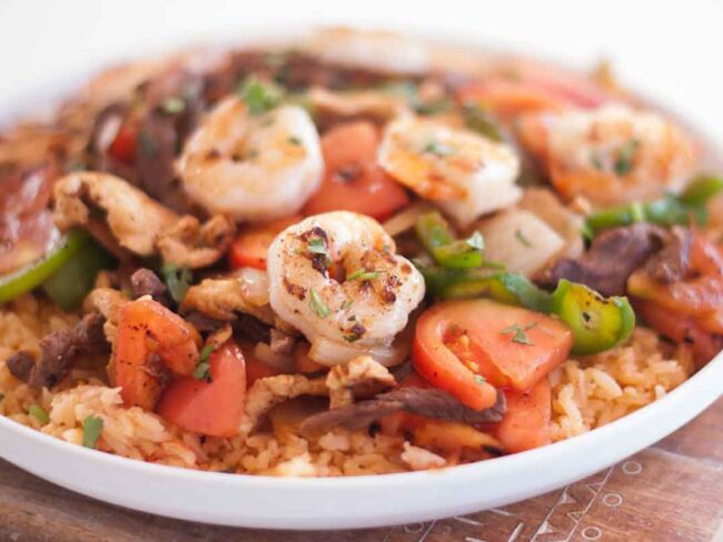 Plate of shrimp, rice and vegetables at a top restaurant in Missouri