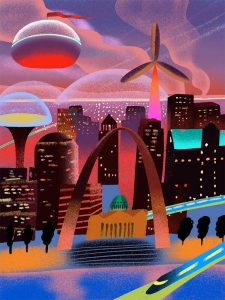 Futuristic illustration of St. Louis and the Gateway Arch.