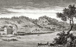 Illustration of raft and canoes on the Missouri River, circa 1800s.