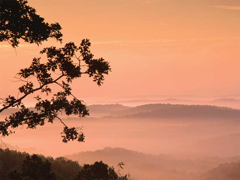 Landscape view of the ozarks with a pink tint